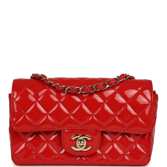 Pre-owned Chanel Mini Classic Rectangular Flap Bag Red Patent Light Gold Hardware
