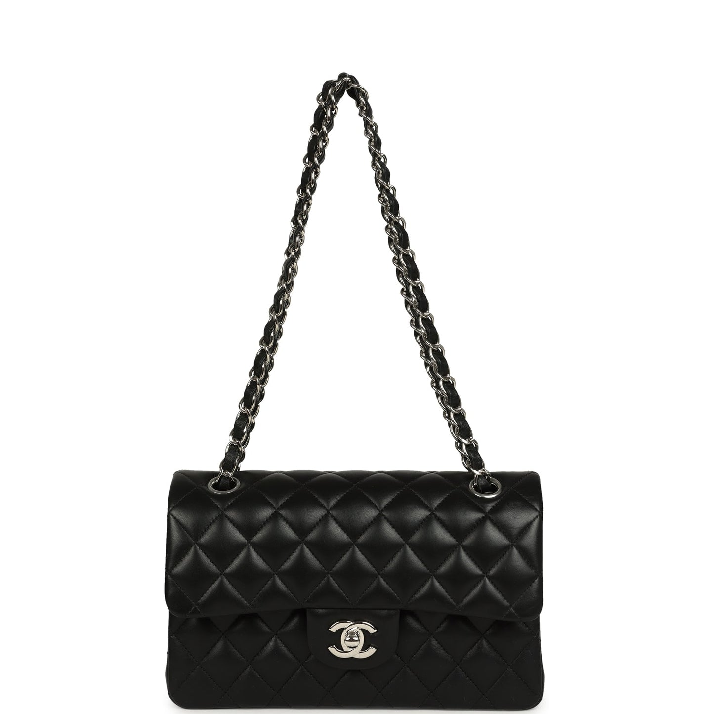 Pre-owned Chanel Small Classic Double Flap Bag Black Lambskin Silver Hardware