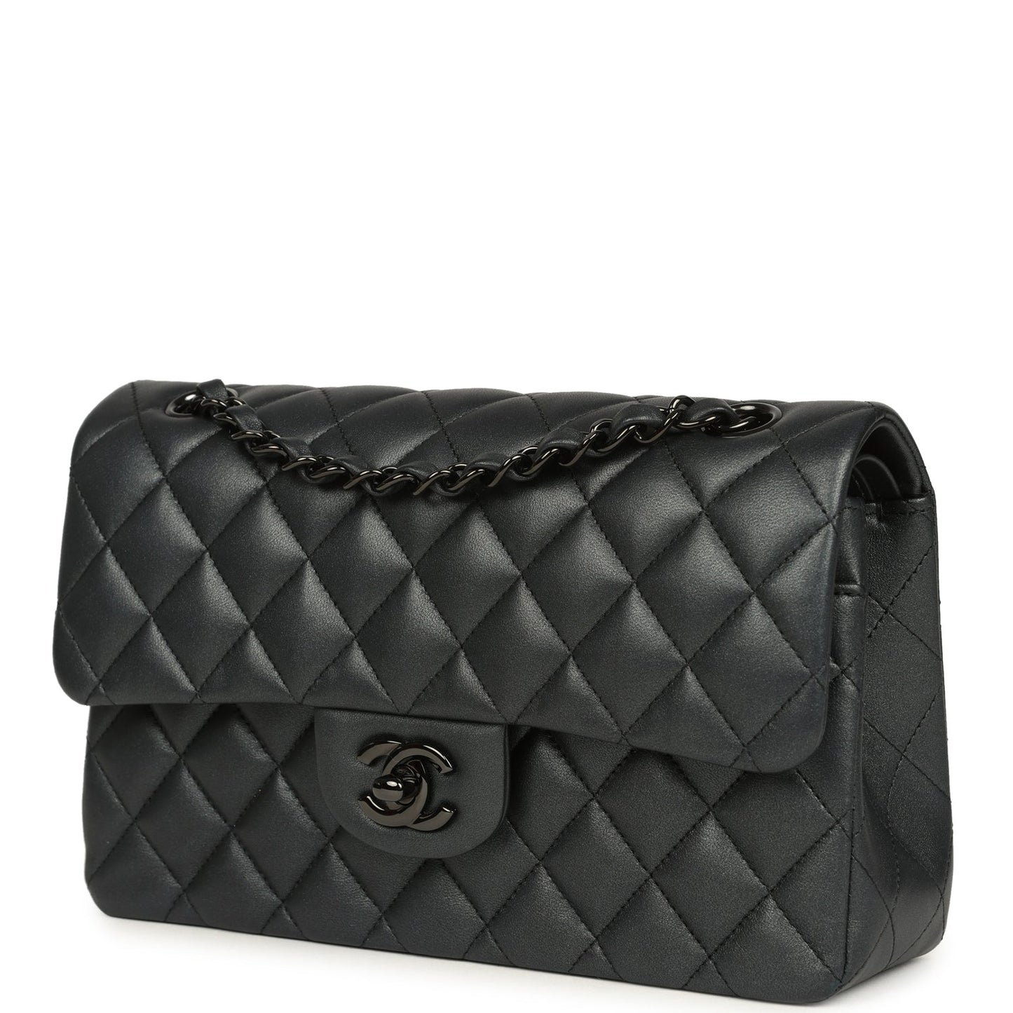 Pre-owned Chanel Small Classic Double Flap Bag So Black Iridescent Lambskin Black Hardware