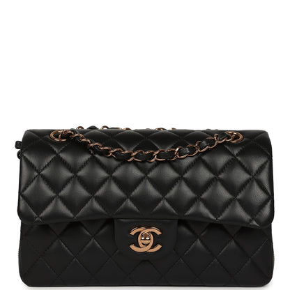 Chanel Small Classic Double Flap Bag Black Lambskin Rose Gold Hardware