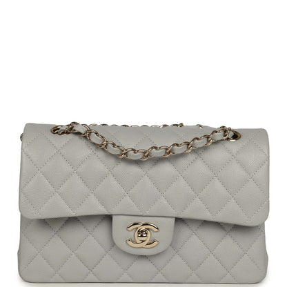 Chanel Small Classic Double Flap Bag Light Grey Caviar Light Gold Hardware