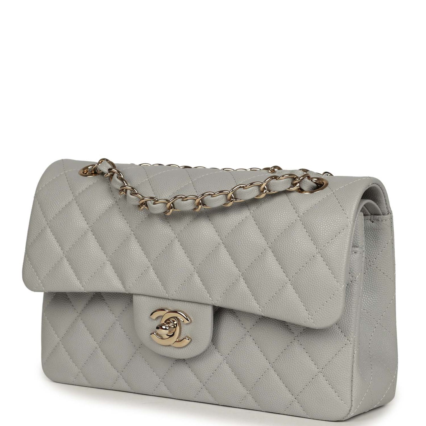 Chanel Small Classic Double Flap Bag Light Grey Caviar Light Gold Hardware