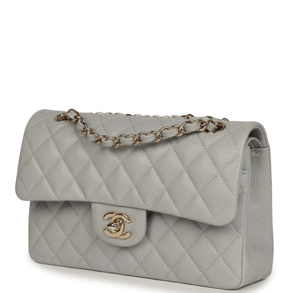Chanel Small Classic Double Flap Bag Light Grey Caviar Light Gold Hardware