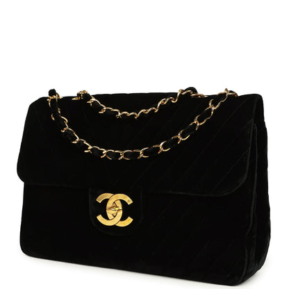 Vintage Chanel XL Classic Chevron Single Flap Bag Black Velvet Gold Hardware