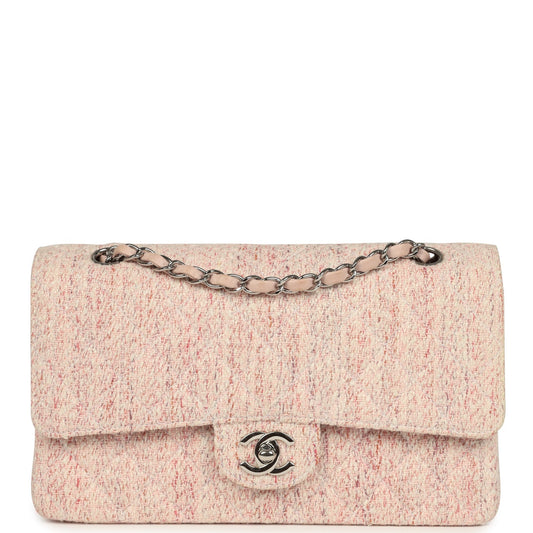 Vintage Chanel Medium Classic Double Flap Bag Light Pink and White Tweed Silver Hardware