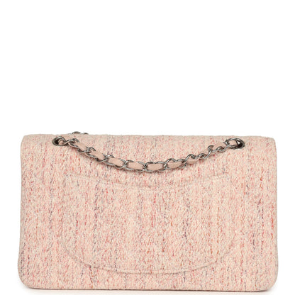 Vintage Chanel Medium Classic Double Flap Bag Light Pink and White Tweed Silver Hardware