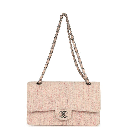 Vintage Chanel Medium Classic Double Flap Bag Light Pink and White Tweed Silver Hardware