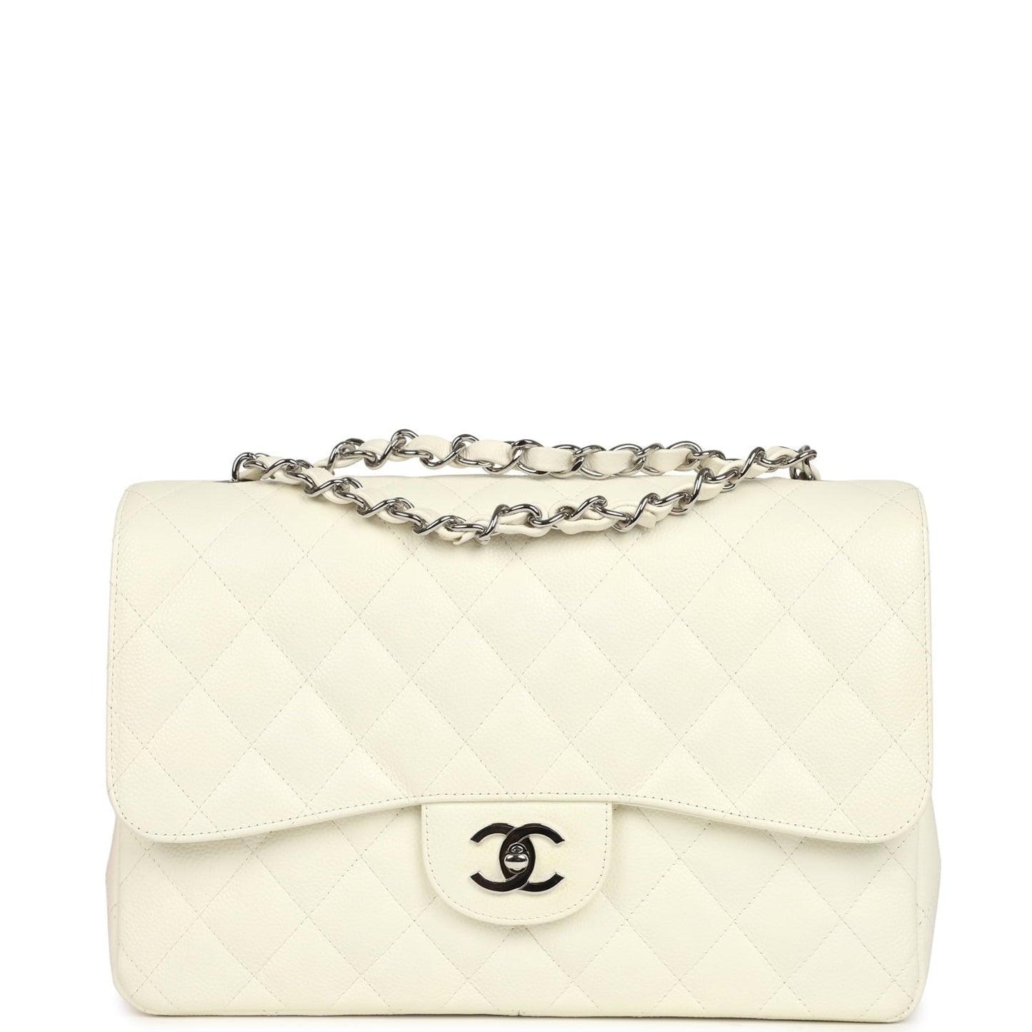 Vintage Chanel Classic Jumbo Single Flap Bag White Caviar Silver Hardware