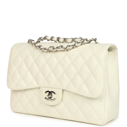 Vintage Chanel Classic Jumbo Single Flap Bag White Caviar Silver Hardware