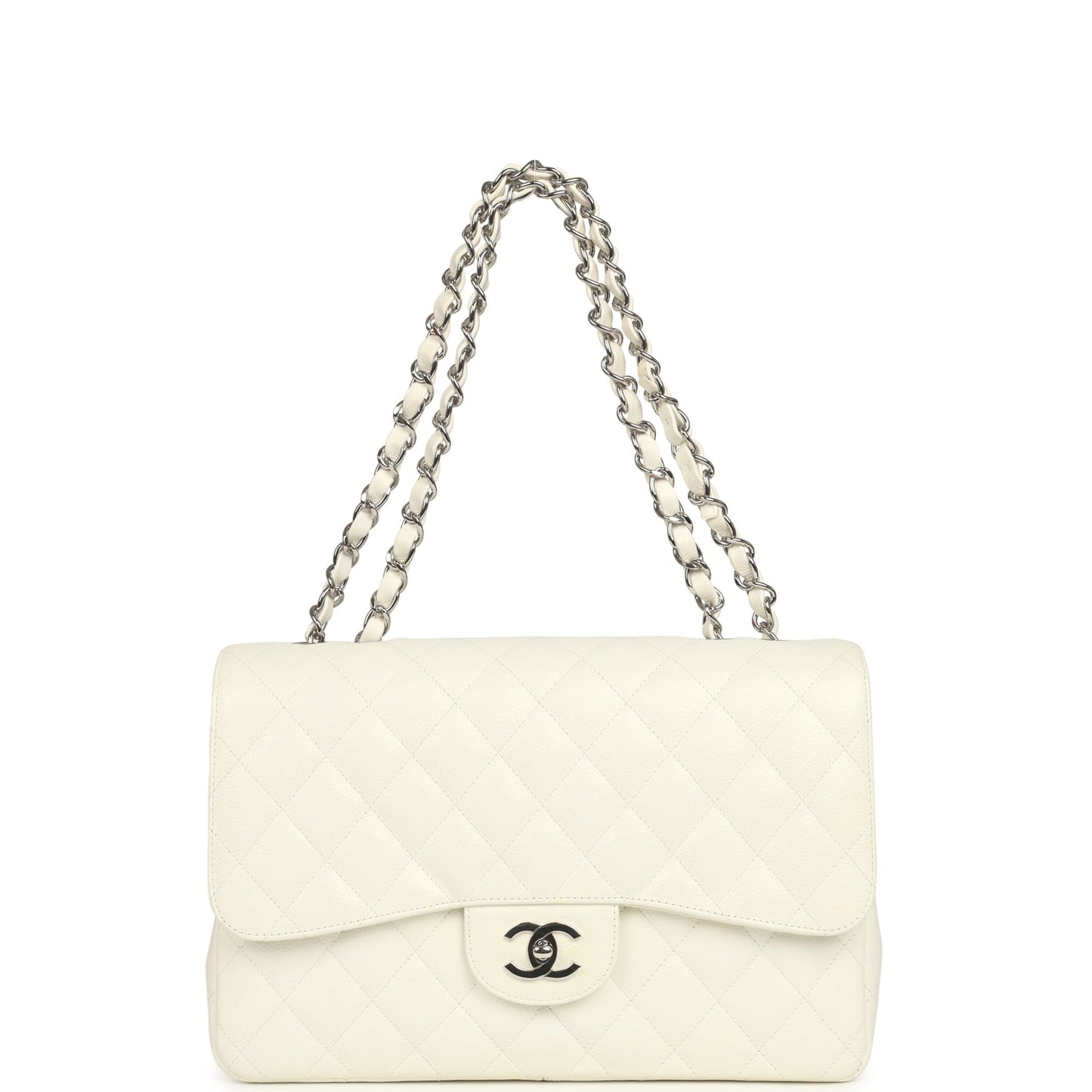 Vintage Chanel Classic Jumbo Single Flap Bag White Caviar Silver Hardware