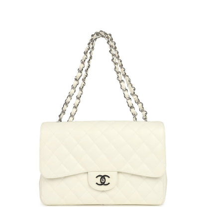 Vintage Chanel Classic Jumbo Single Flap Bag White Caviar Silver Hardware