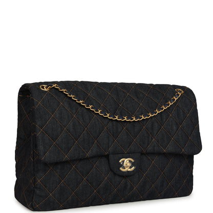 Chanel XXL Classic Single Travel Flap Bag Dark Blue Denim Brushed Gold Hardware