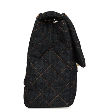 Chanel XXL Classic Single Travel Flap Bag Dark Blue Denim Brushed Gold Hardware