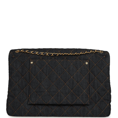 Chanel XXL Classic Single Travel Flap Bag Dark Blue Denim Brushed Gold Hardware