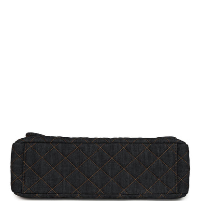 Chanel XXL Classic Single Travel Flap Bag Dark Blue Denim Brushed Gold Hardware