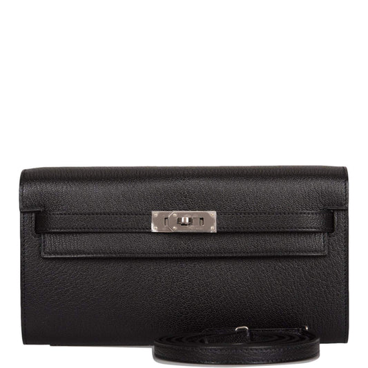 Hermes Black Chevre Kelly Wallet To Go Palladium Hardware