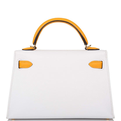 Hermes Horseshoe Stamp (HSS) White and Jaune D'Or Epsom Sellier Kelly 20cm with Permabrass Hardware
