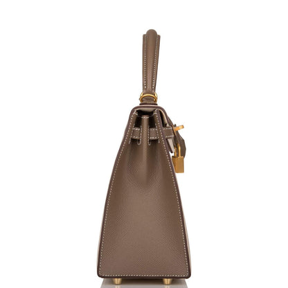Hermes Kelly 25cm Bi-Color Craie and Etoupe Epsom Sellier  Brushed Gold Hardware