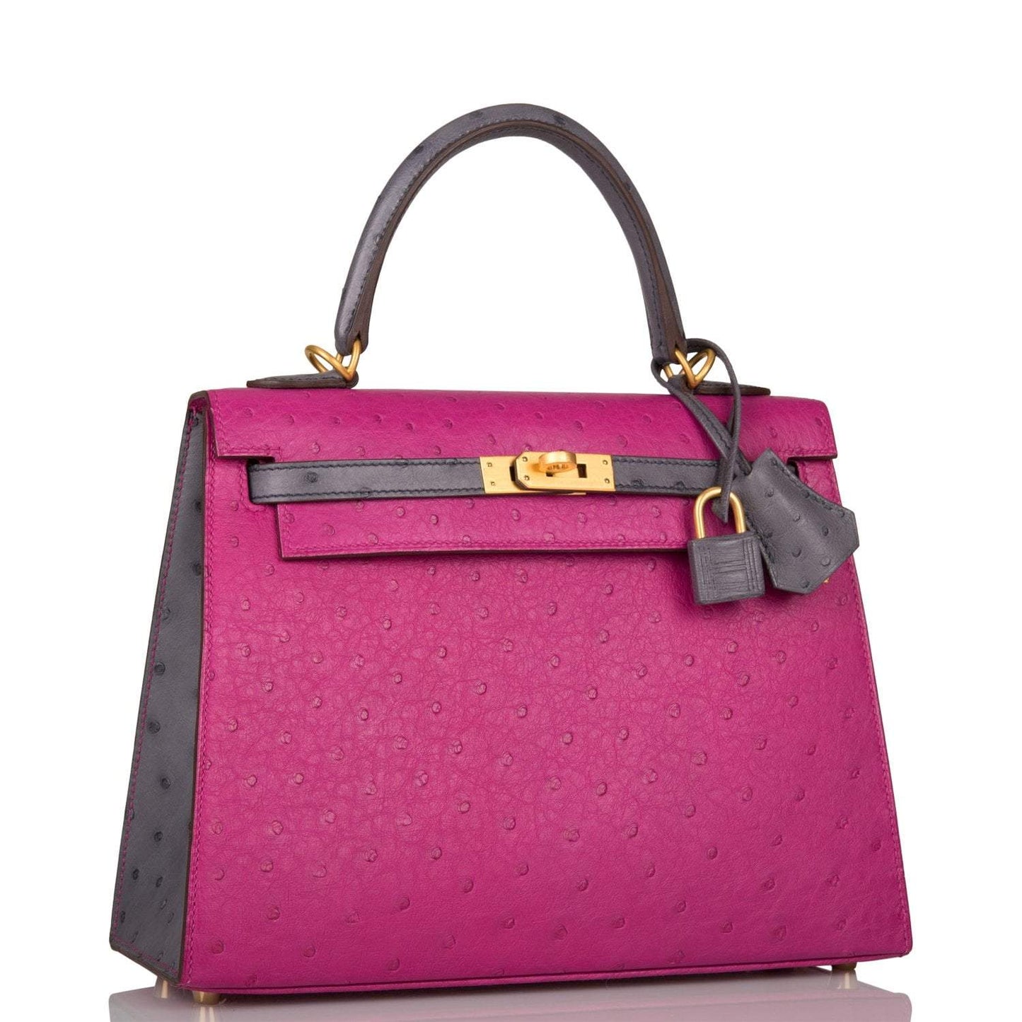 Hermes Horseshoe Stamp HSS Bi-Color Rose Pourpre Gris Agate Ostrich Sellier Kelly 25cm Brushed Gold Hardware