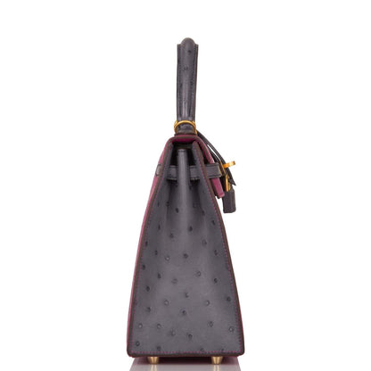 Hermes Horseshoe Stamp HSS Bi-Color Rose Pourpre Gris Agate Ostrich Sellier Kelly 25cm Brushed Gold Hardware