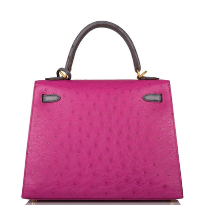 Hermes Horseshoe Stamp HSS Bi-Color Rose Pourpre Gris Agate Ostrich Sellier Kelly 25cm Brushed Gold Hardware