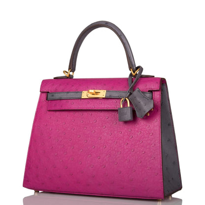 Hermes Horseshoe Stamp HSS Bi-Color Rose Pourpre Gris Agate Ostrich Sellier Kelly 25cm Brushed Gold Hardware