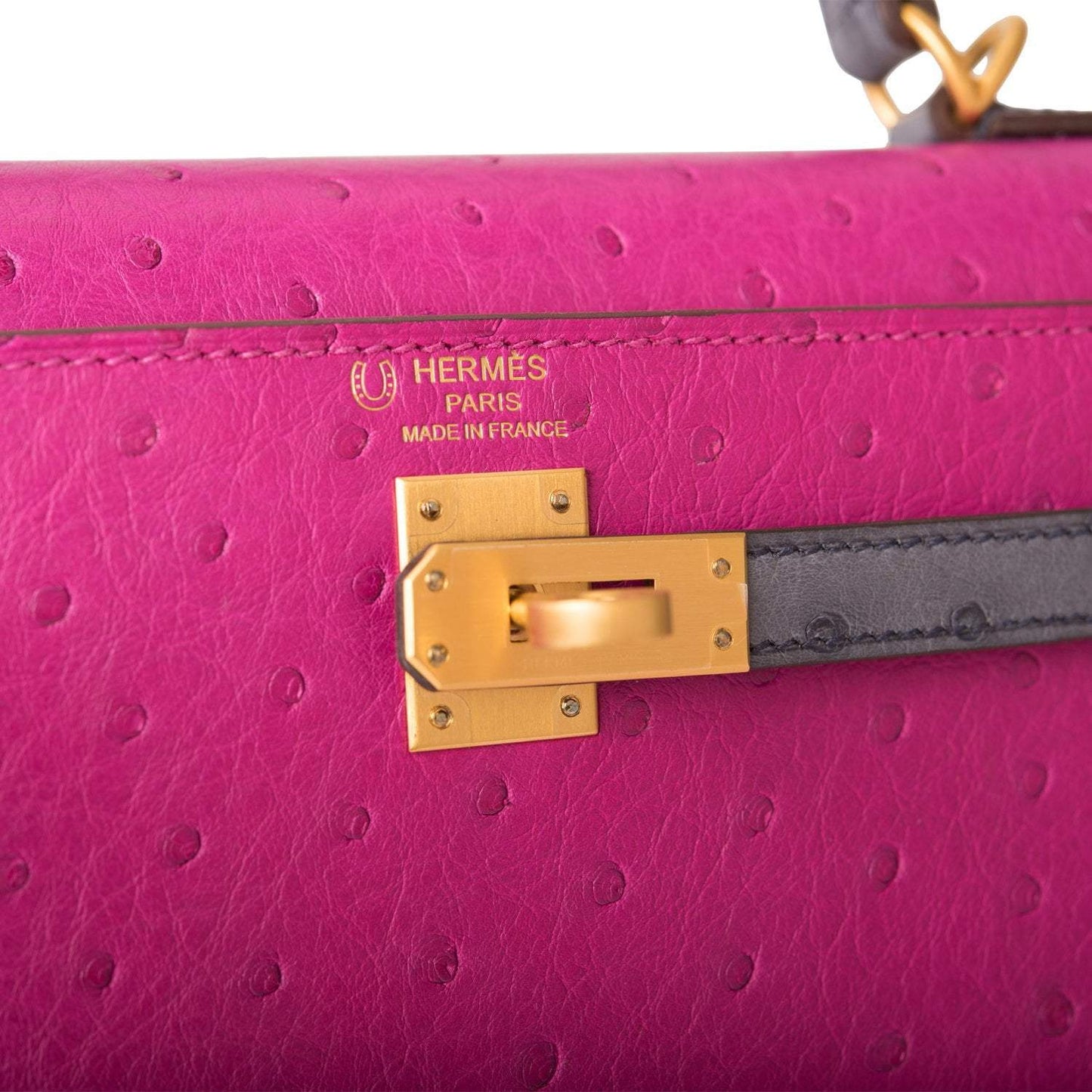 Hermes Horseshoe Stamp HSS Bi-Color Rose Pourpre Gris Agate Ostrich Sellier Kelly 25cm Brushed Gold Hardware