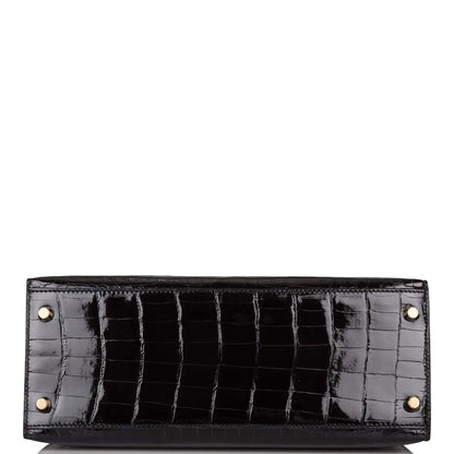 Hermes Black Shiny Niloticus Crocodile Sellier Kelly 28cm Gold Hardware