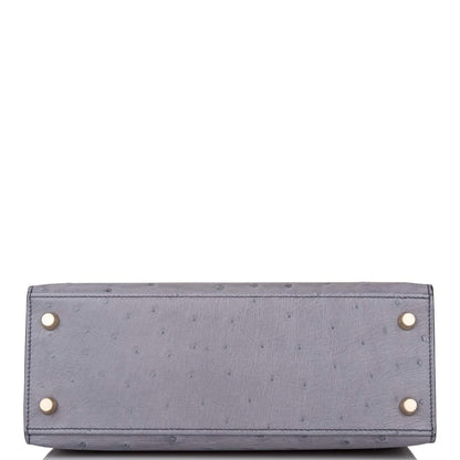 Hermes Horseshoe Stamp (HSS) Bi-Color Gris Agate and Bleu Electric Ostrich Sellier Kelly 25cm Brushed Gold Hardware