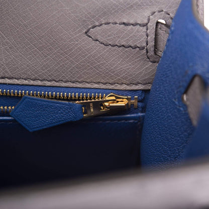 Hermes Horseshoe Stamp (HSS) Bi-Color Gris Agate and Bleu Electric Ostrich Sellier Kelly 25cm Brushed Gold Hardware