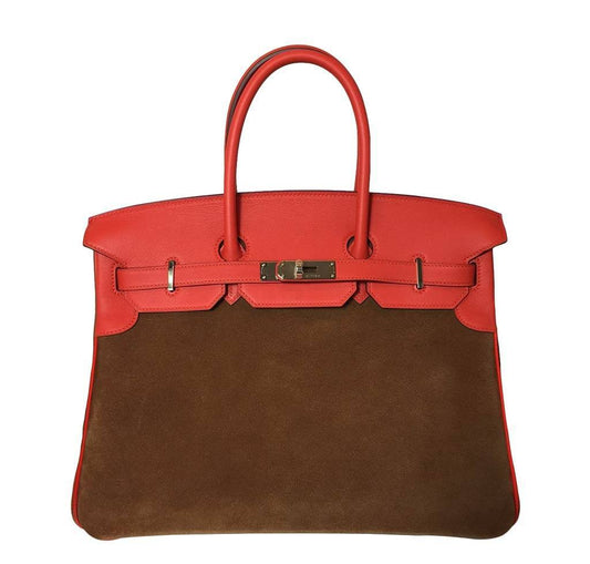 Hermes Birkin 35 Grizzly Capucine Chamois Swift Leather Suede Permabrass Hardware