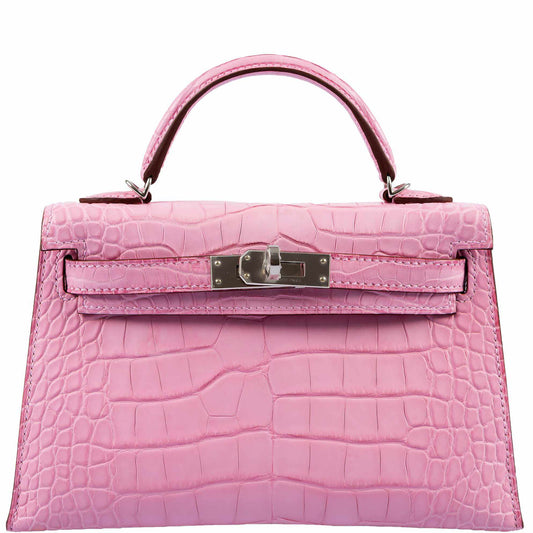 Hermes Kelly 20 Mini II Sellier 5P Bubblegum Matte Pink Alligator Palladium Hardware