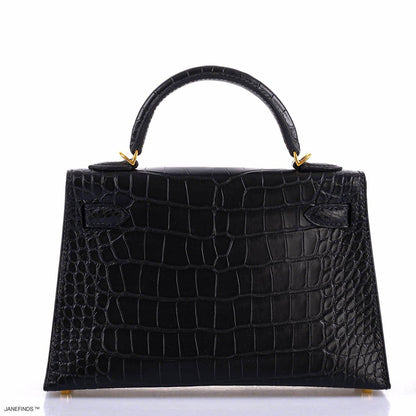 Hermes Kelly 20 Mini II Sellier Black Matte Alligator Gold Hardware