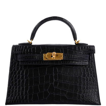 Hermes Kelly 20 Mini II Sellier Black Matte Alligator Gold Hardware