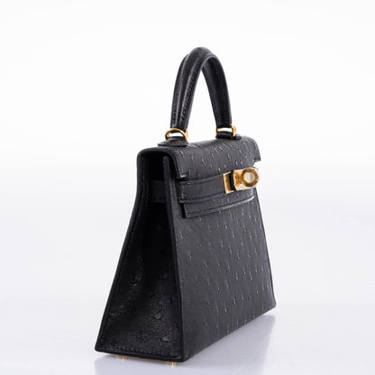 Hermes Kelly 20 Mini II Sellier Black Ostrich Gold Hardware