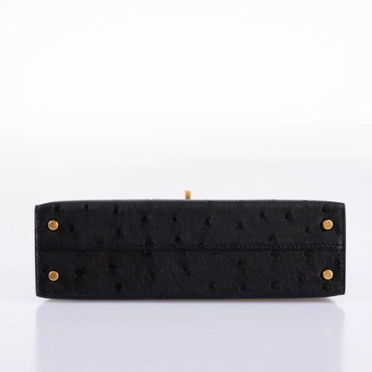 Hermes Kelly 20 Mini II Sellier Black Ostrich Gold Hardware