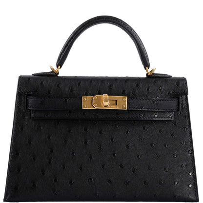 Hermes Kelly 20 Mini II Sellier Black Ostrich Gold Hardware