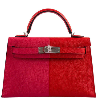 Hermes Kelly 20 Mini II Sellier Tri-color Rose Extreme, Rouge de Coeur, Bleu Zanzibar Epsom Palladium