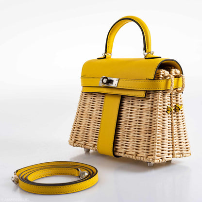 Hermes Kelly 20 Mini Picnic Jaune de Naples Swift & Osier Wicker Palladium Hardware 2019 D