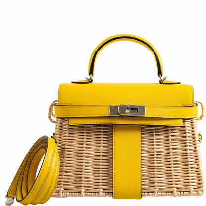 Hermes Kelly 20 Mini Picnic Jaune de Naples Swift & Osier Wicker Palladium Hardware 2019 D