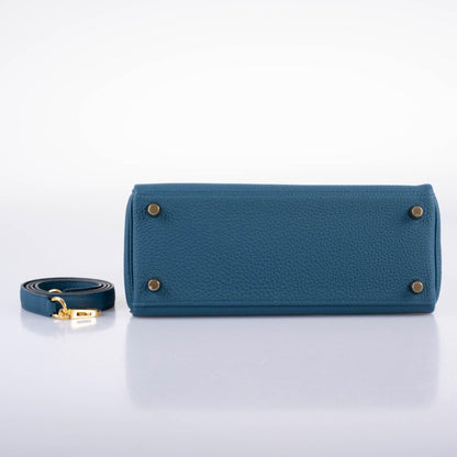 Hermes Kelly 25 Retourne Blue Colvert Togo Gold Hardware