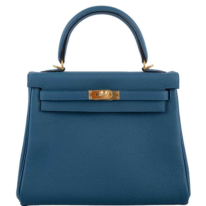 Hermes Kelly 25 Retourne Blue Colvert Togo Gold Hardware