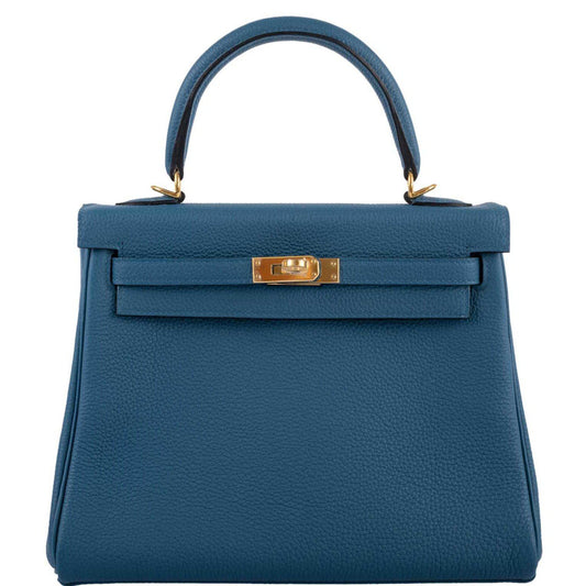 Hermes Kelly 25 Retourne Blue Colvert Togo Gold Hardware