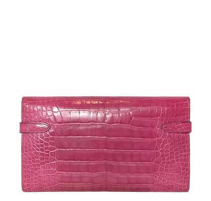 Hermes Kelly Long Wallet Clutch Fuchsia Alligator Leather Palladium Hardware
