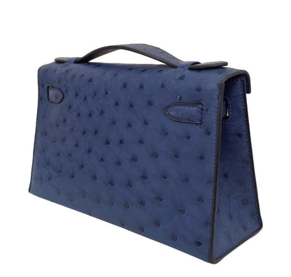 Hermes Kelly Pochette Mini Sapphire Blue Ostrich Palladium Hardware