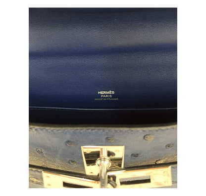 Hermes Kelly Pochette Mini Sapphire Blue Ostrich Palladium Hardware