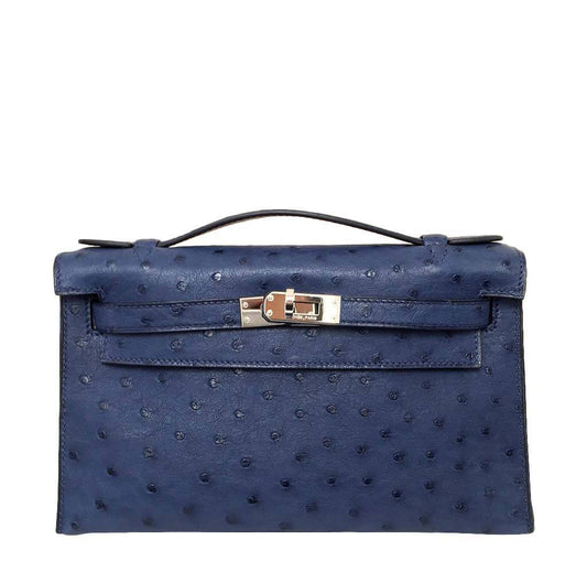 Hermes Kelly Pochette Mini Sapphire Blue Ostrich Palladium Hardware
