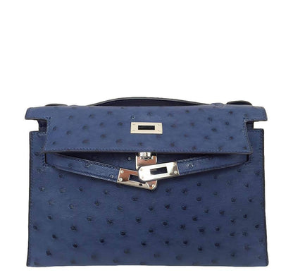 Hermes Kelly Pochette Mini Sapphire Blue Ostrich Palladium Hardware