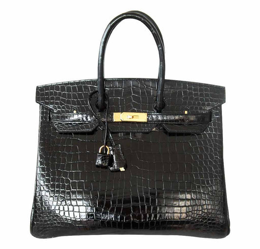 Hermes Birkin 35 Black Shiny Porosus Crocodile Gold Hardware