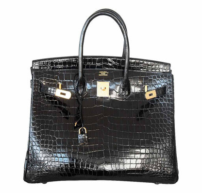 Hermes Birkin 35 Black Shiny Porosus Crocodile Gold Hardware